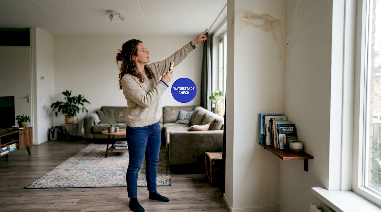 Een bewoner wijst op een vochtplek aan het plafond.