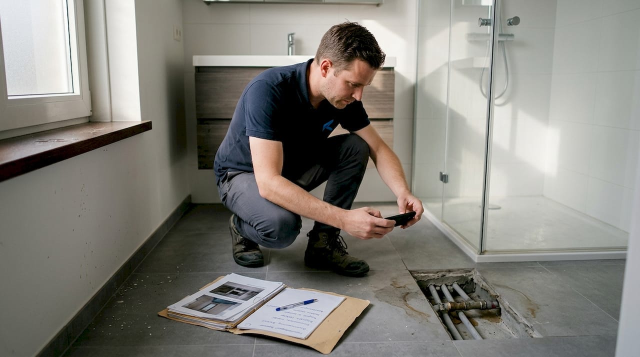 De inspecteur legt het probleem met de vloerverwarming nauwkeurig vast.