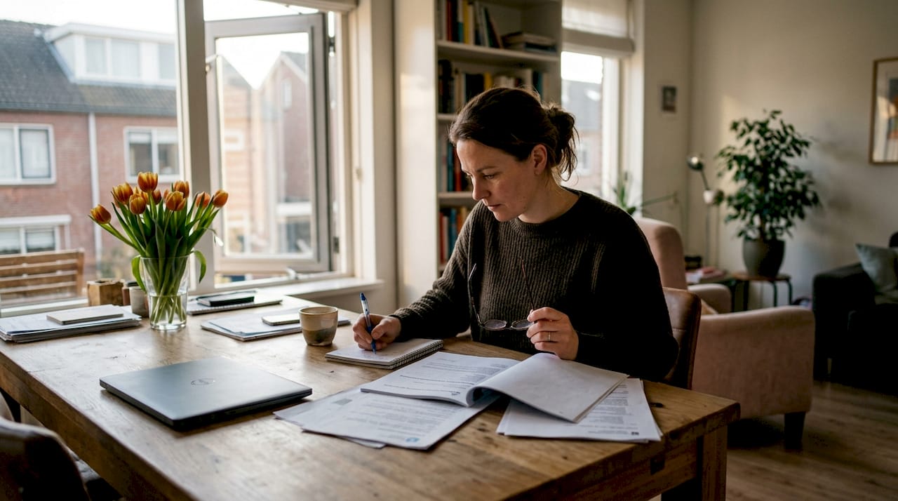 De koper neemt het bouwkundige rapport door aan de keukentafel.