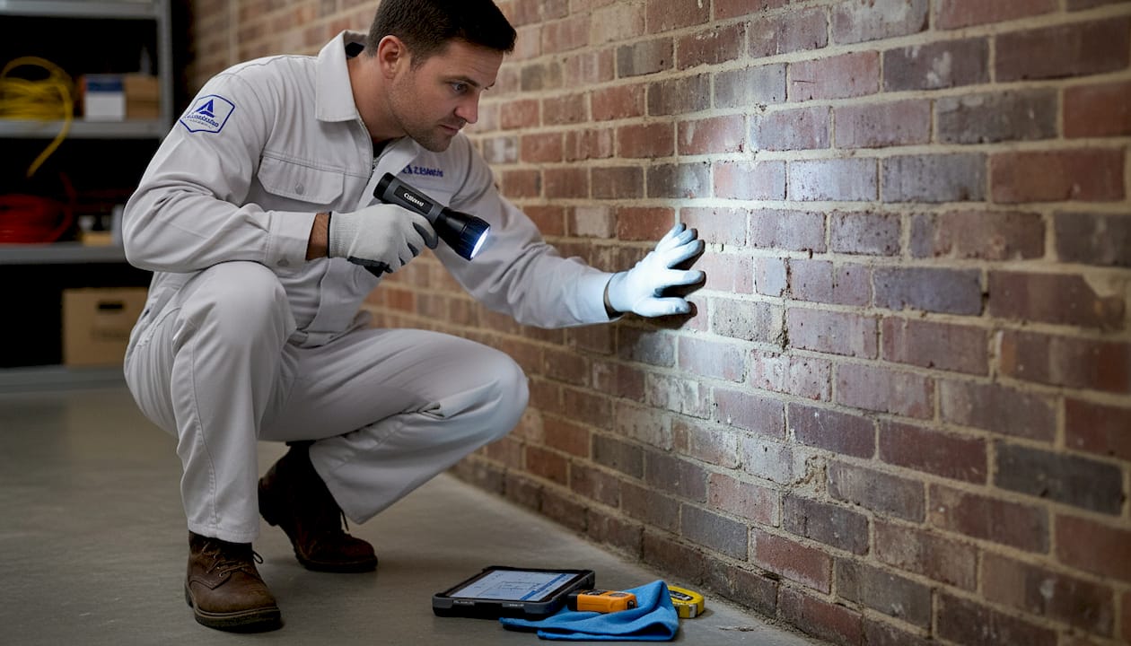 Een bouwkundig expert bekijkt de kelder om te controleren of er problemen zijn met de fundering.