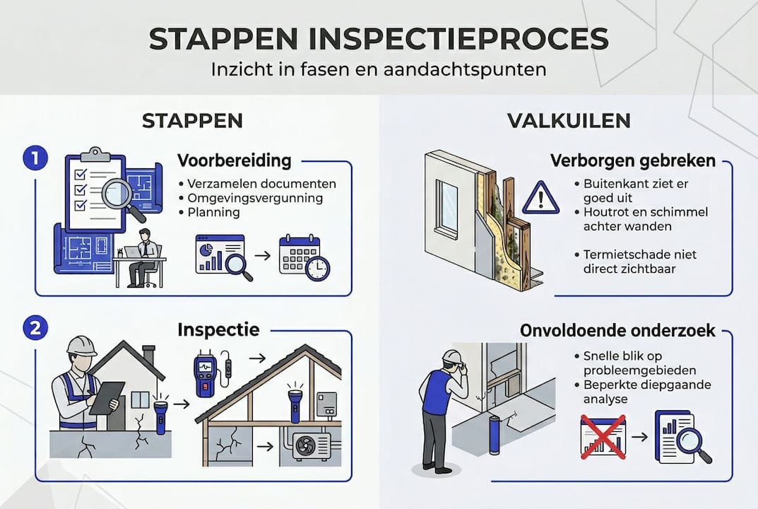 Overzichtelijke infographic met de belangrijkste stappen en veelvoorkomende valkuilen tijdens het inspectieproces