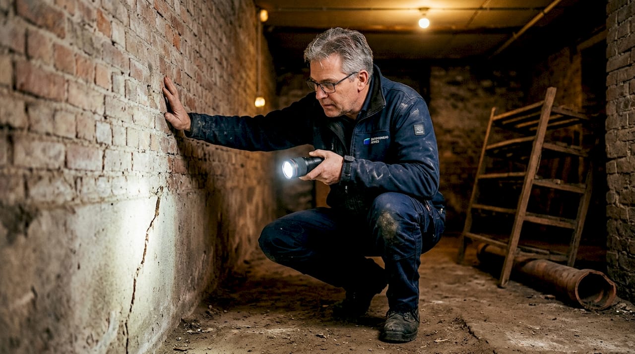 Een bouwkundig adviseur inspecteert een scheur in de oude fundering.