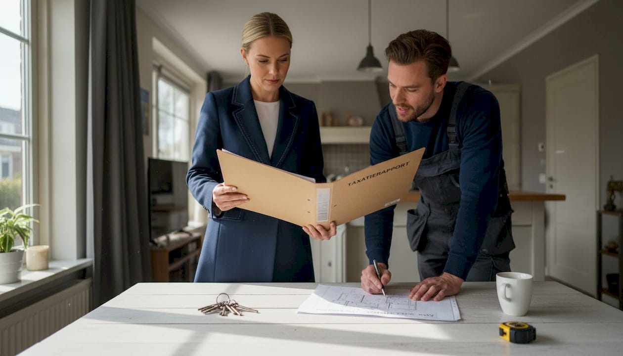 In de keuken bespreken de taxateur en de bouwkundige hun bevindingen en vergelijken ze aantekeningen.