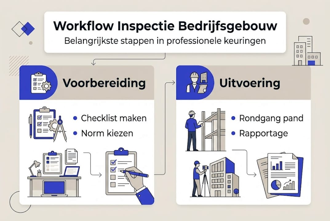 Overzichtelijke infographic met de stappen voor het inspecteren van een bedrijfsgebouw