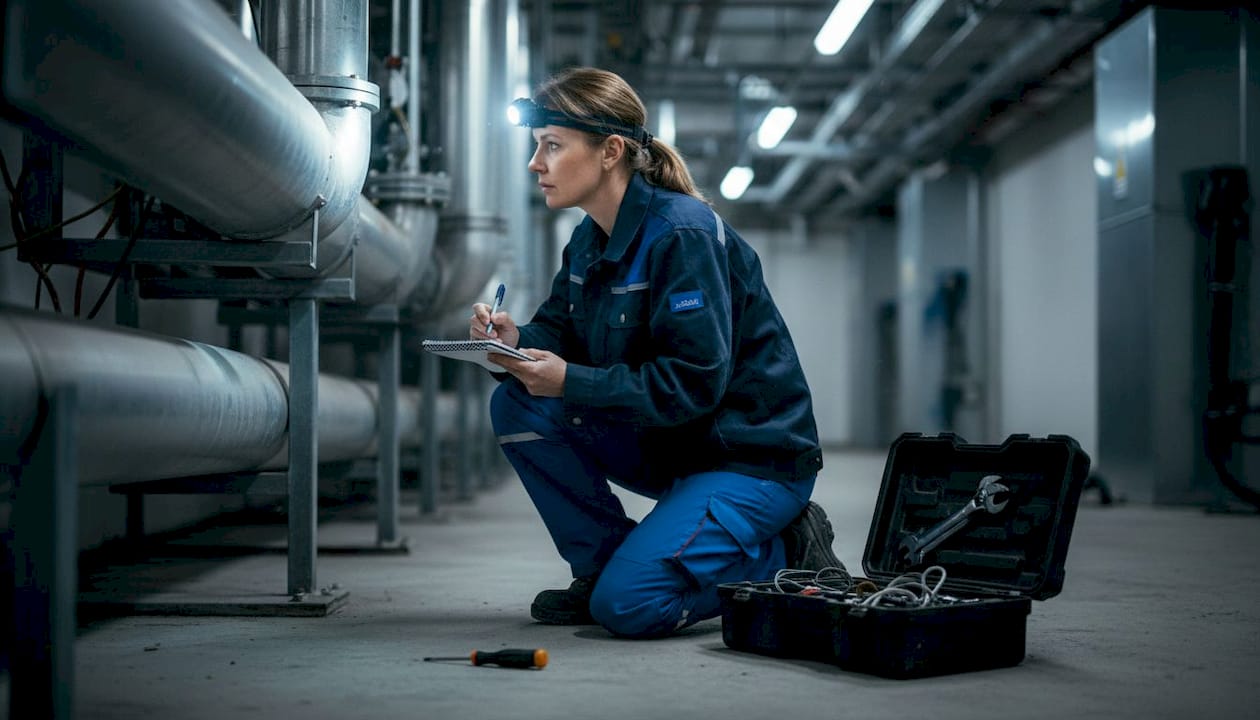 Een inspecteur voert een controle uit op de technische installaties in het bedrijfsgebouw.