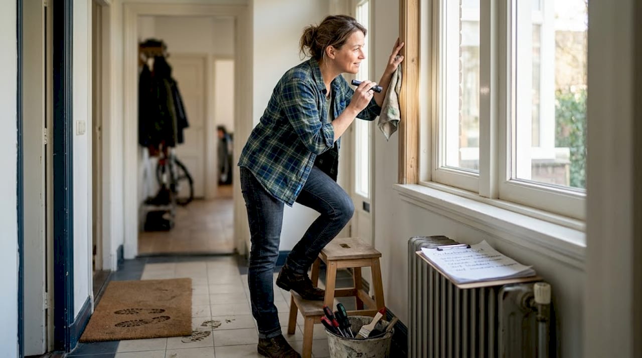 Een vrouw loopt met een checklist langs het raam om het kozijn te inspecteren.