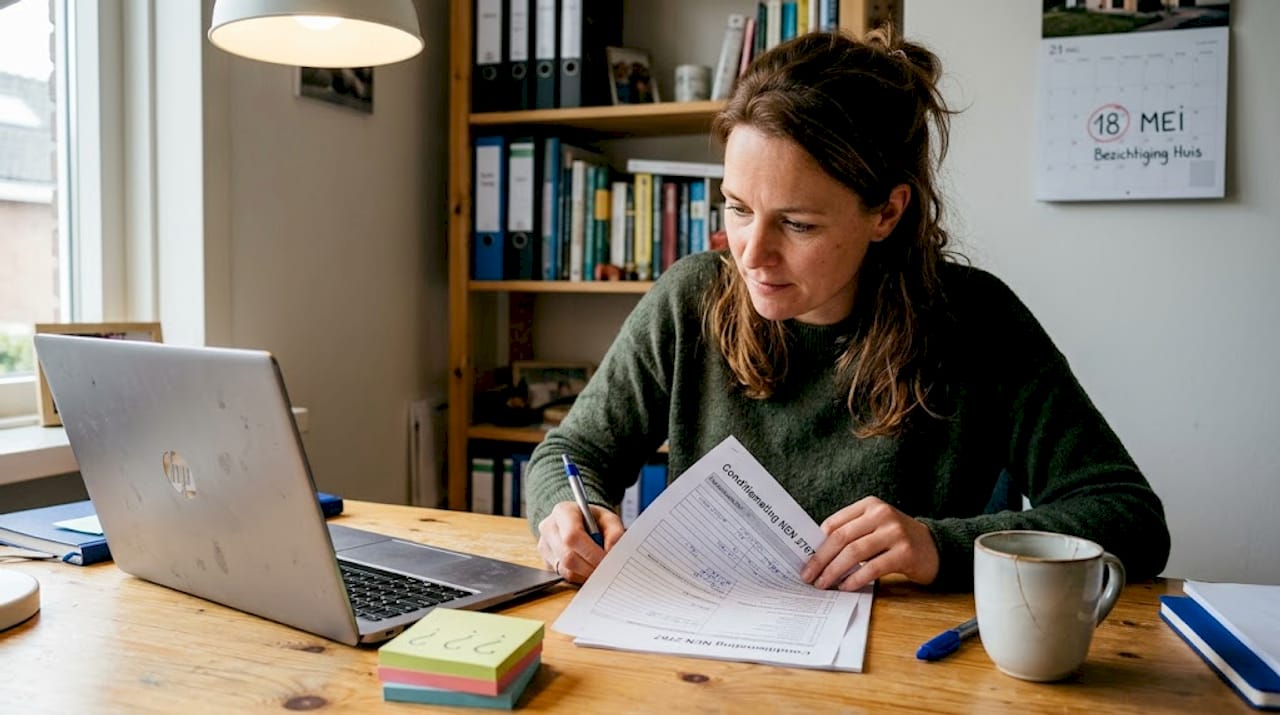 Vrouw verdiept zich thuis in de bouwkundige inspectie van een pand