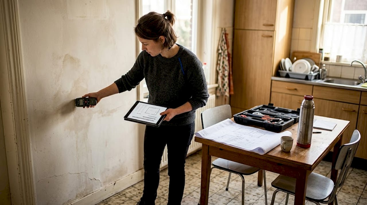 Een specialist voert een vochtmeting uit in de keuken van een woning.