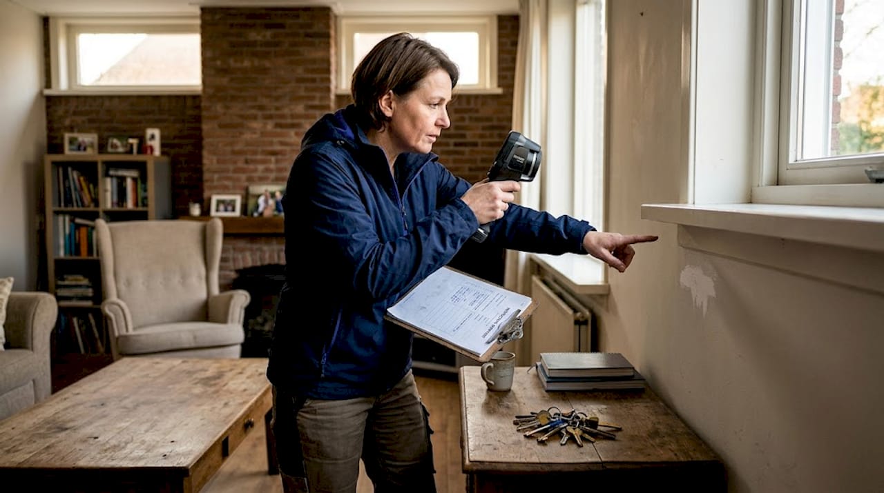 Een bouwkundig inspecteur komt langs om de woning grondig te keuren.