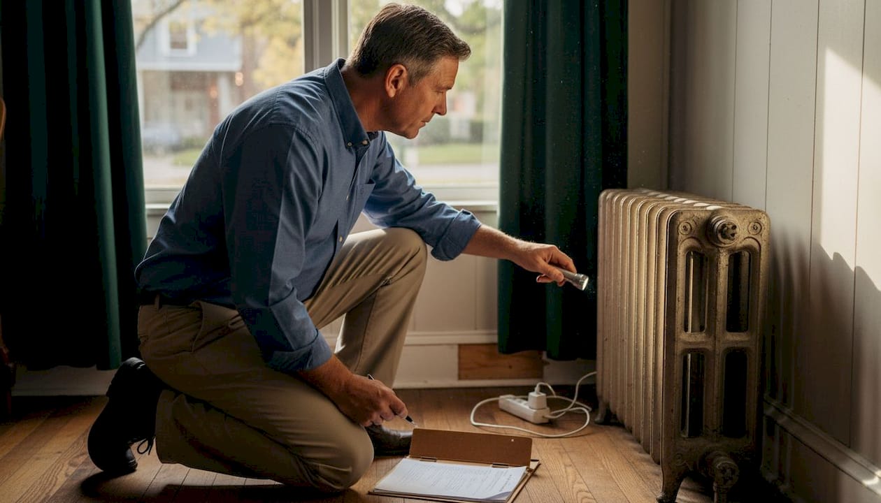 Een inspecteur neemt de radiator onder de loep in een nostalgische woonkamer.