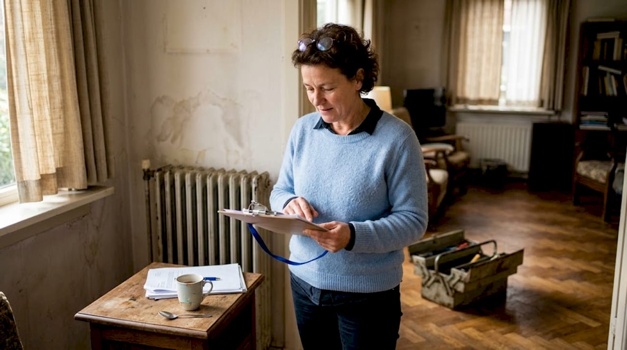 De inspecteur loopt samen met de bewoners door de woonkamer om het herstelwerk te bespreken.
