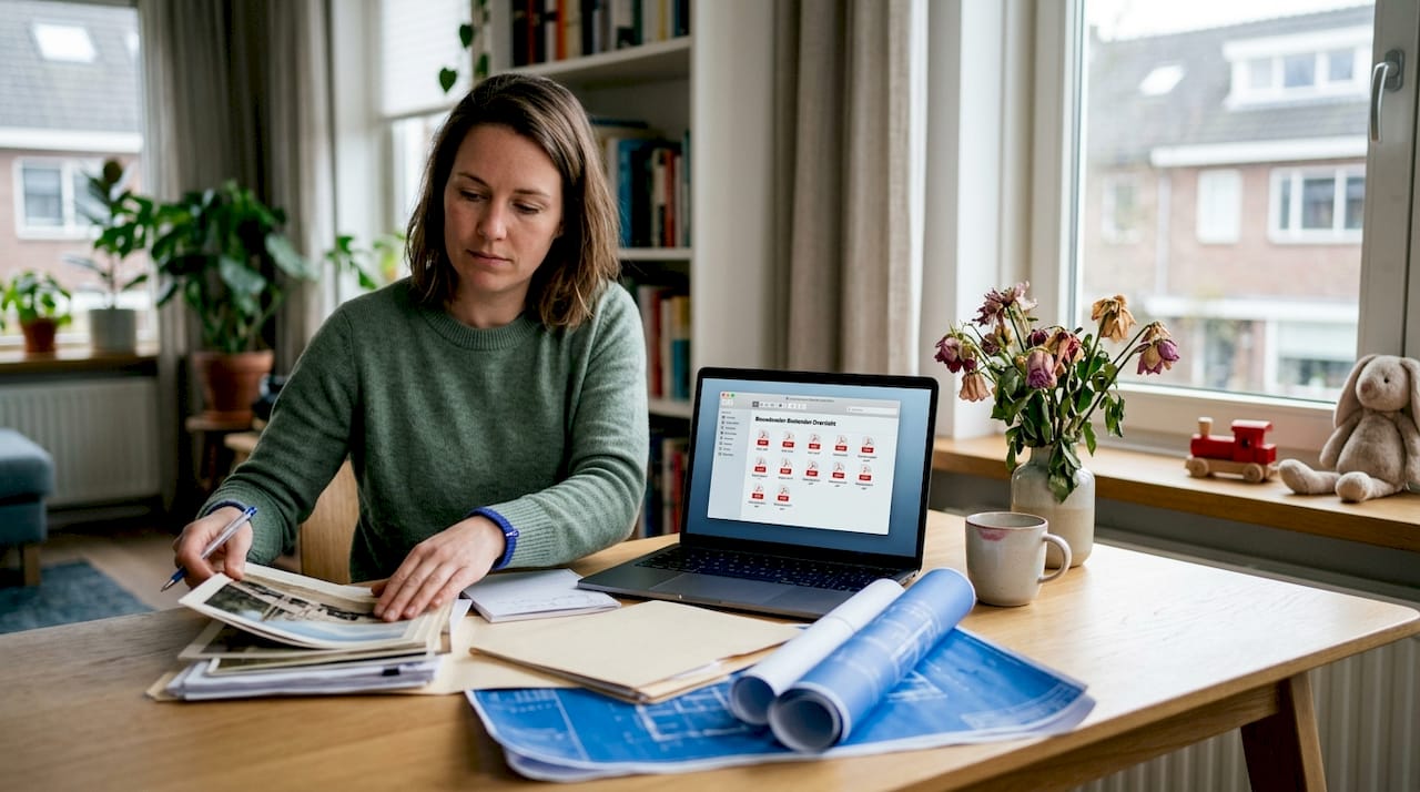 Aan de keukentafel werkt een vrouw aan het samenstellen van haar bouwdossier.