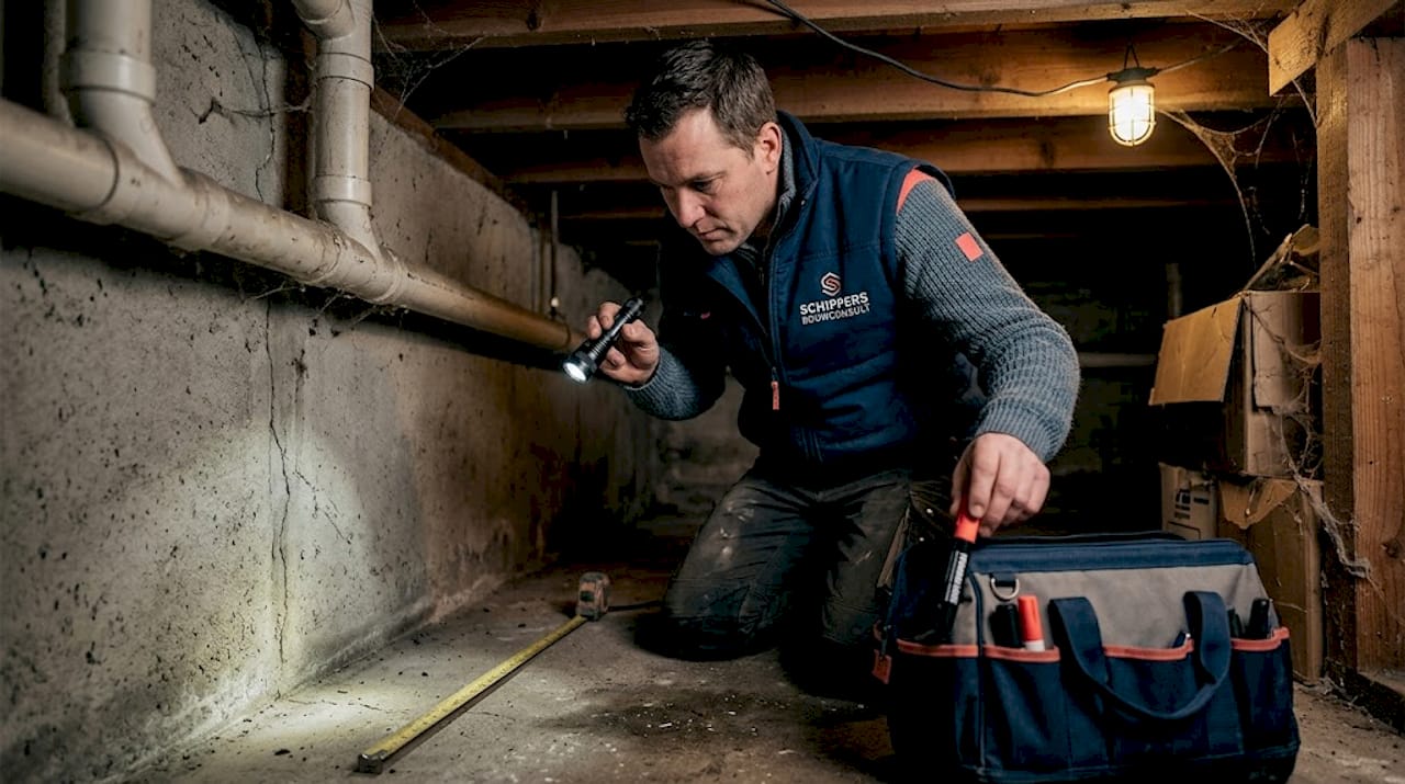 Een specialist bekijkt de staat van de fundering onder deze souterrainwoning.