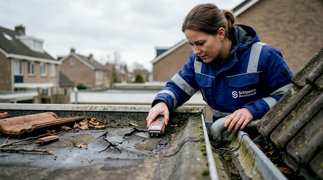 Een dakinspecteur bekijkt de staat van het platte dak grondig.