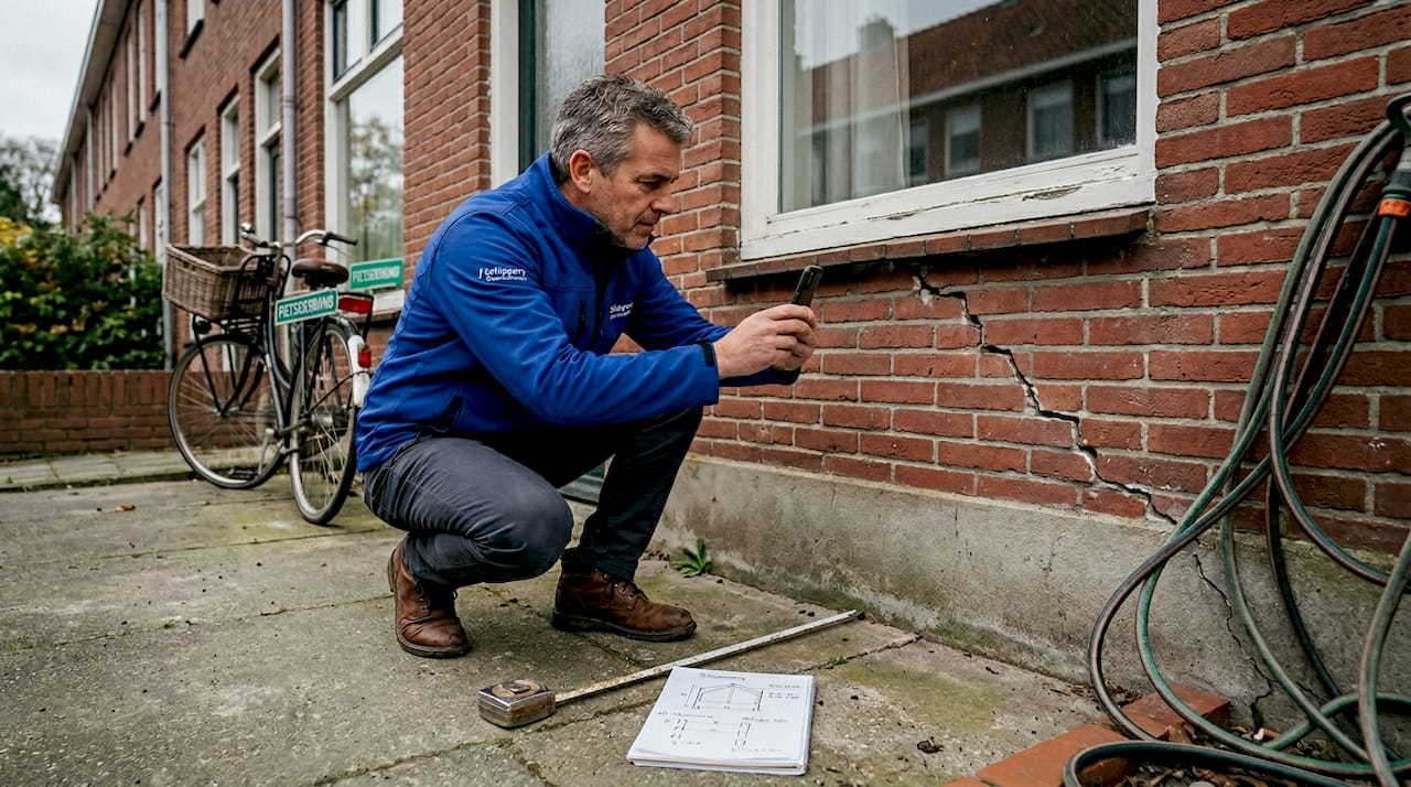 Een bouwkundig ingenieur legt een flinke scheur bij de fundering van een woning vast.