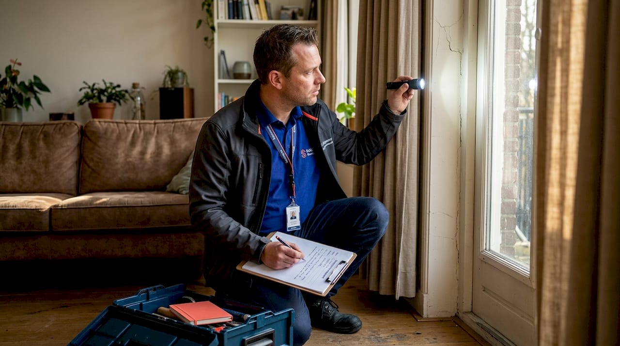 Een bouwkundig expert neemt de schade aan de woning nauwkeurig onder de loep.
