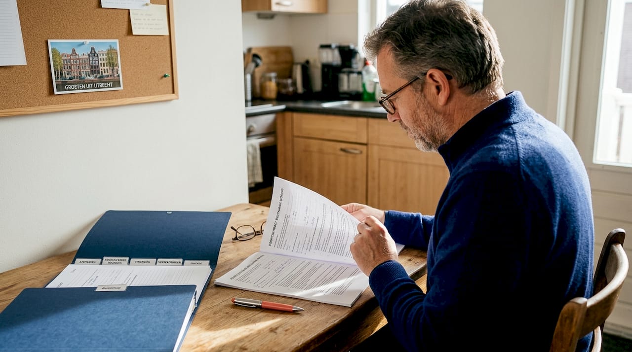 Man leest koopcontract voor zijn nieuwe huis aandachtig door en bestudeert de voorwaarden.