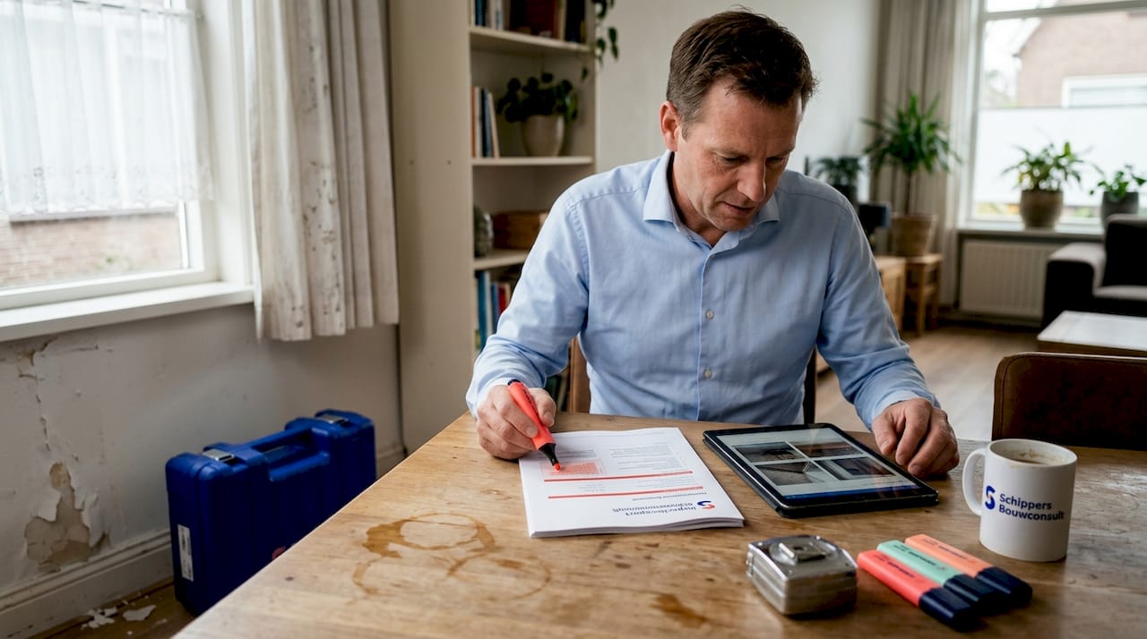 Een specialist stelt een rapport op over de brandschade aan de woning.