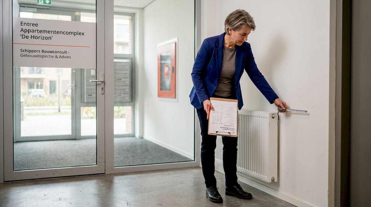 Een specialist bekijkt de scheuren in de muur van het appartement om te beoordelen wat er aan de hand is.