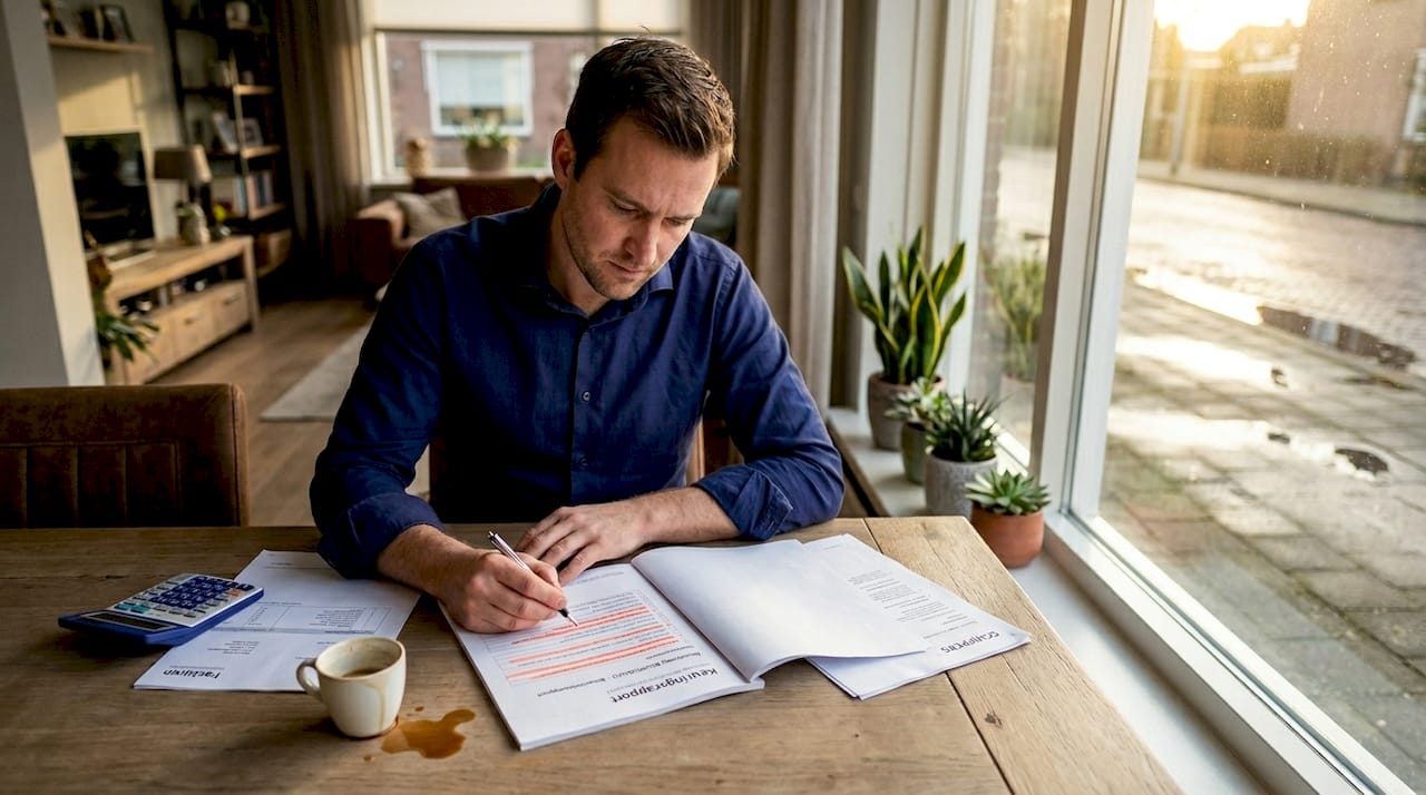 Toekomstige huiseigenaar verdiept zich aan de keukentafel in het bouwkundig rapport