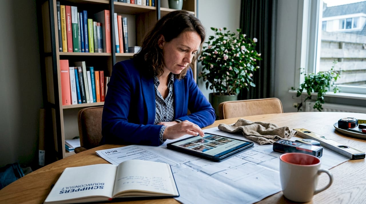 De inspecteur bekijkt zorgvuldig de bouwtekeningen en controleert de meetresultaten.