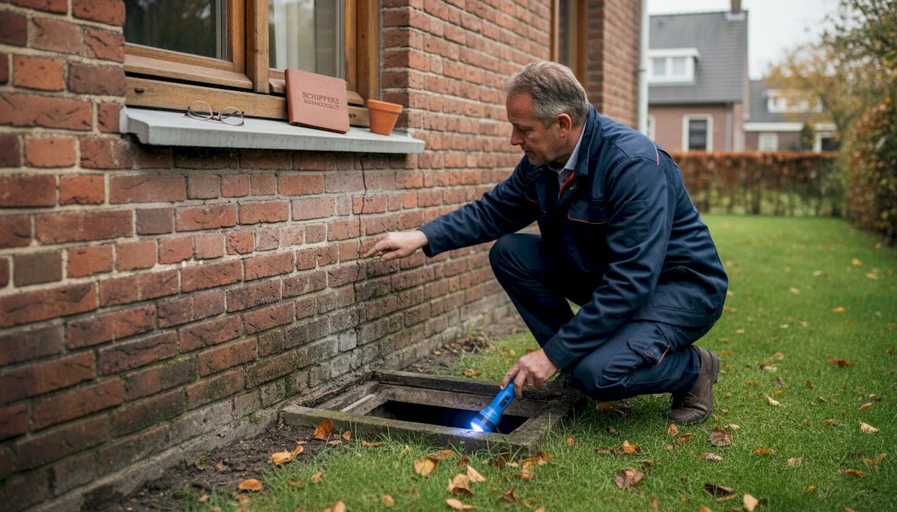 Een specialist komt langs om de fundering van het huis te inspecteren.