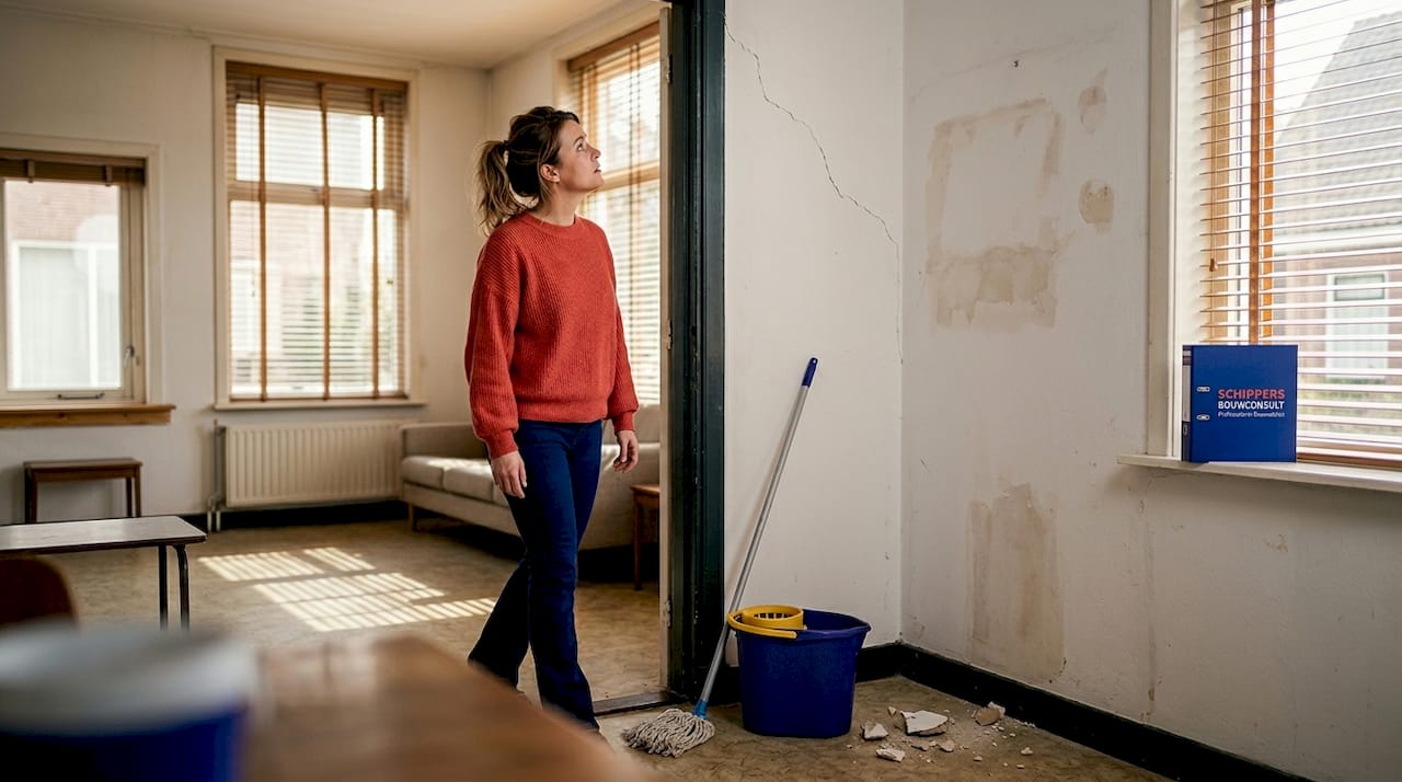 Een vrouw bekijkt aandachtig een scheur in de muur naast het deurkozijn.