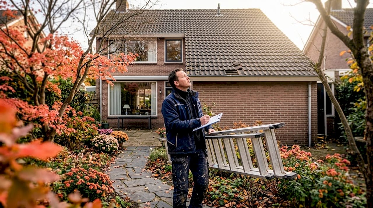 Een inspecteur bekijkt het dak om te bepalen of er reparaties nodig zijn.