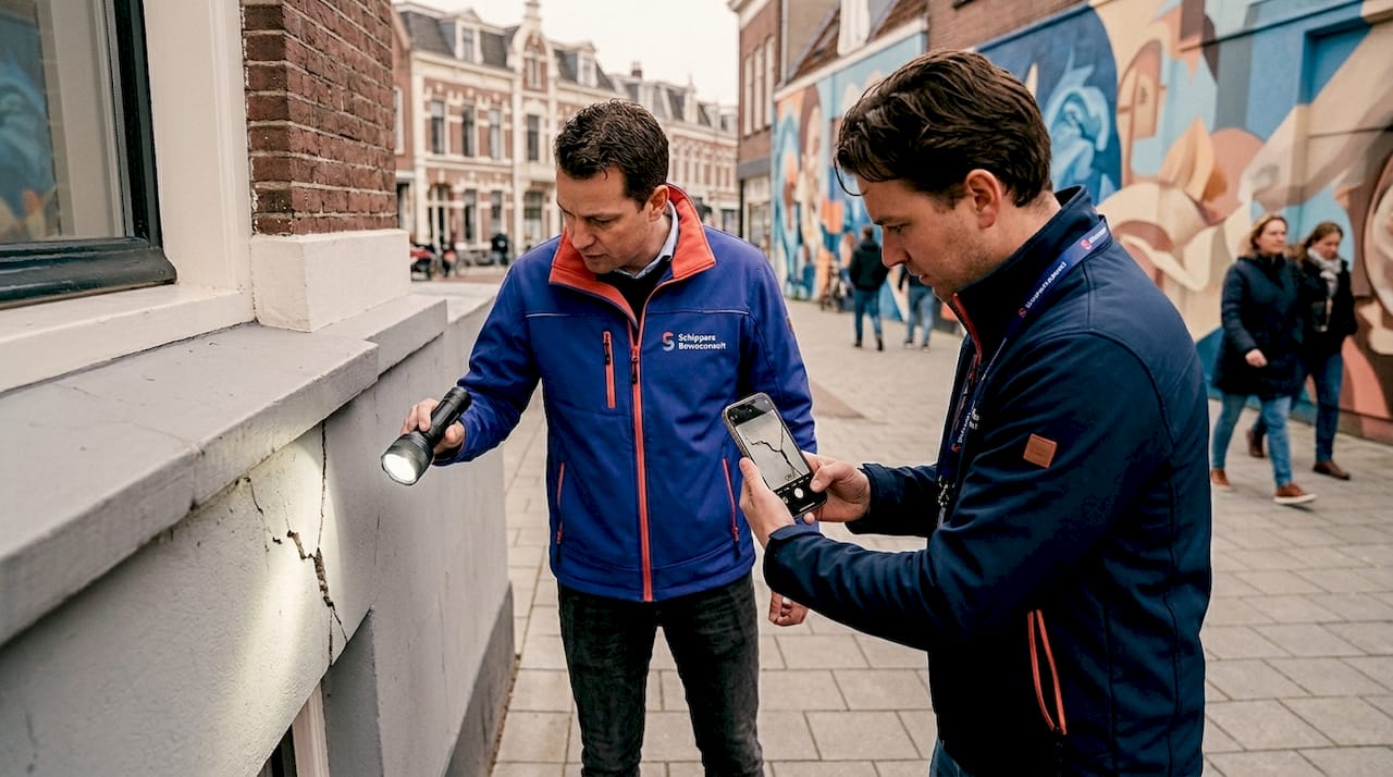 Een bouwkundig expert onderzoekt de staat van de fundering bij een oudere woning.