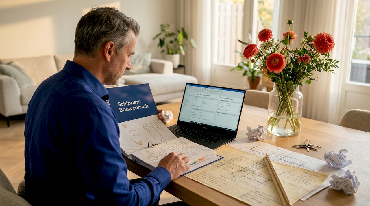Een bouwkundig expert stelt thuis een funderingsrapport op.