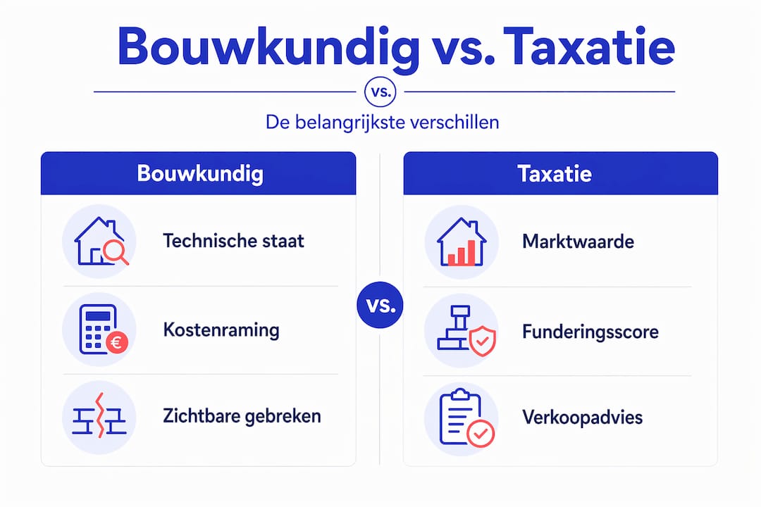 Infographic: het verschil tussen een bouwkundig rapport en een taxatierapport overzichtelijk naast elkaar
