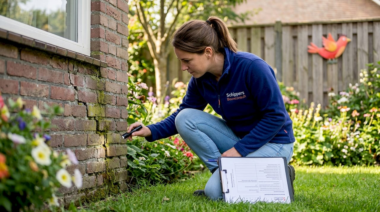 Een bouwkundig adviseur bekijkt scheuren in de fundering van het huis om te beoordelen wat de oorzaak is en welke oplossing nodig is.