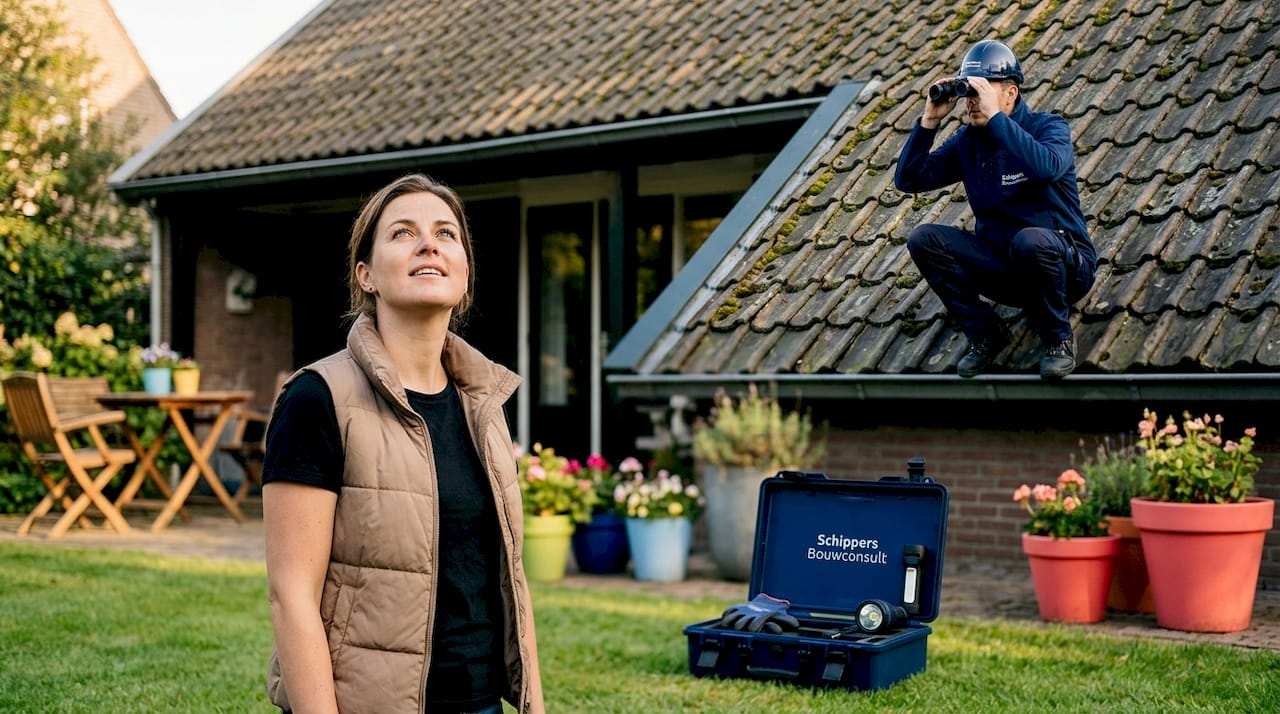 De eigenaar van het huis loopt samen met de inspecteur buiten rond om het dak te controleren.