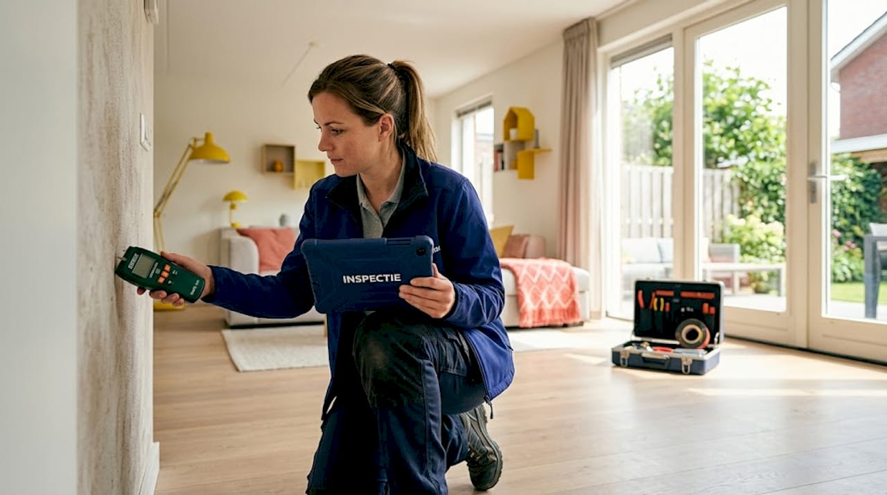 Een expert bekijkt de muur op sporen van vochtproblemen.