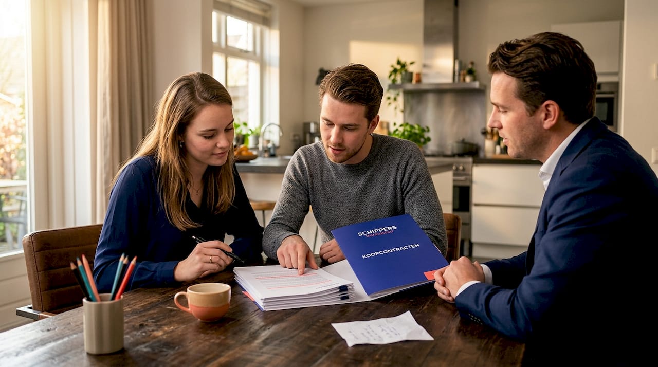 Potentiële kopers zitten met de makelaar om de tafel om het koopcontract door te nemen.