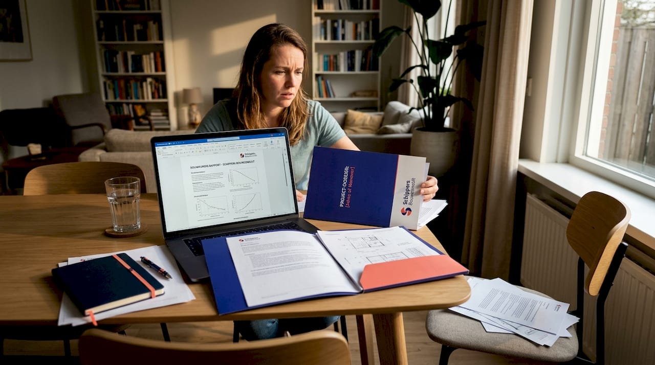 Een vrouw zit aan de eettafel aandachtig het bouwkundig rapport door te nemen.