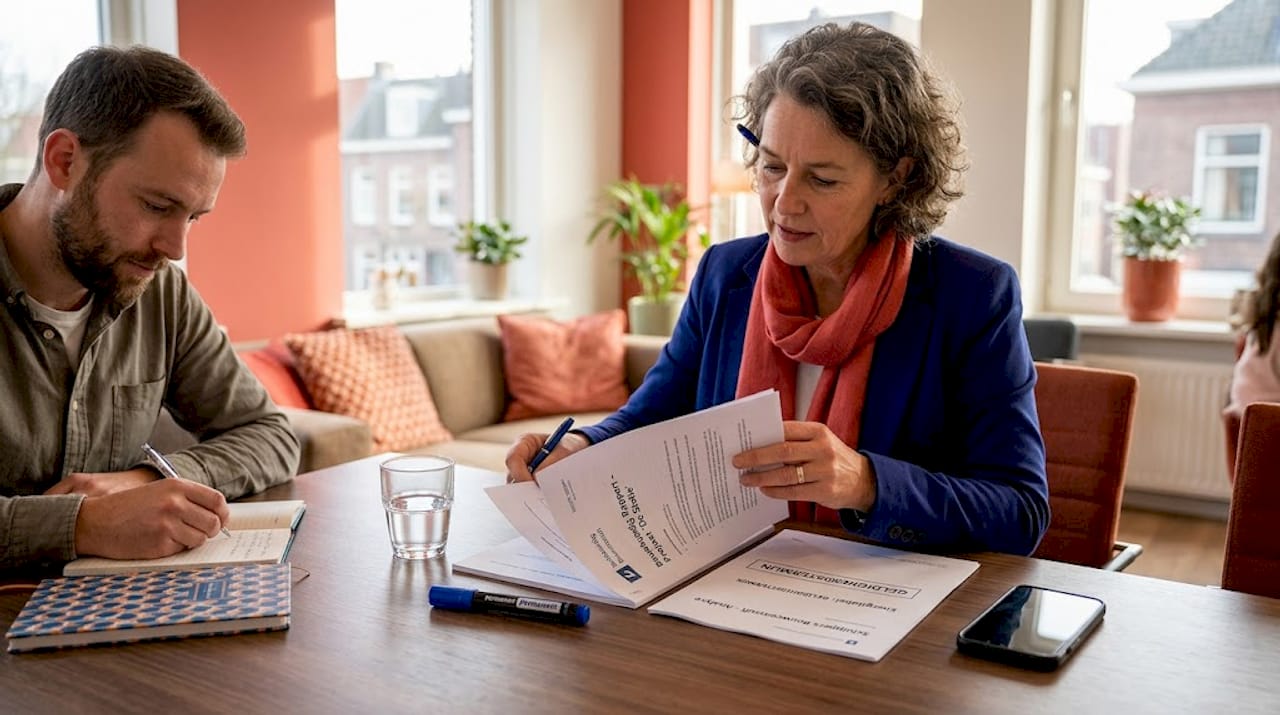 Een vrouw licht het bouwkundig rapport toe tijdens een vergadering.