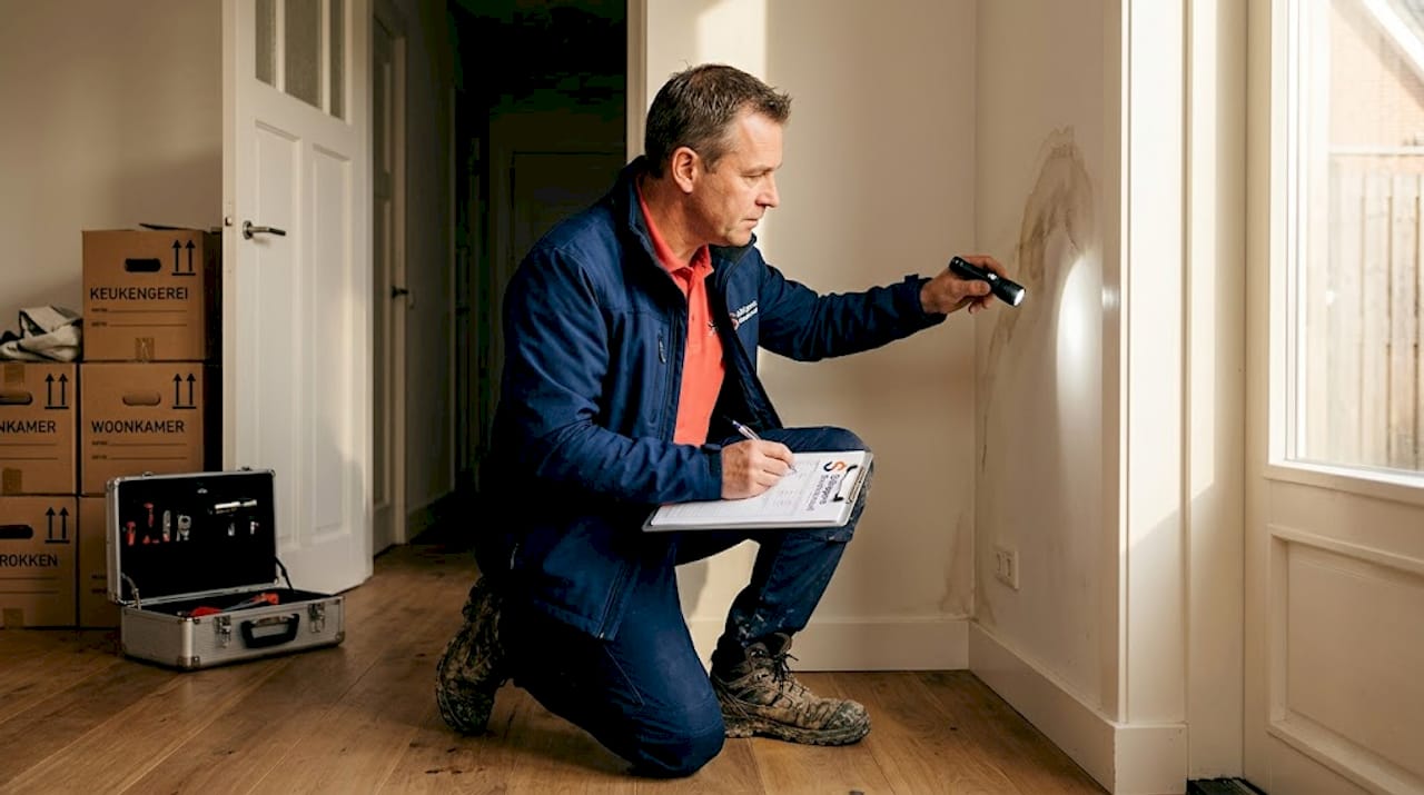 Een bouwkundig inspecteur bekijkt een vochtplek in de woonkamer.