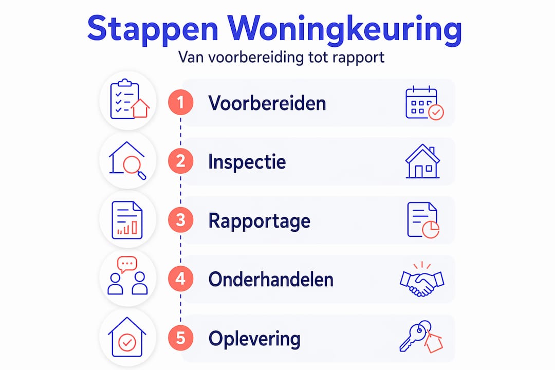Overzichtelijke infographic: de verschillende stappen van een woninginspectie op een rij