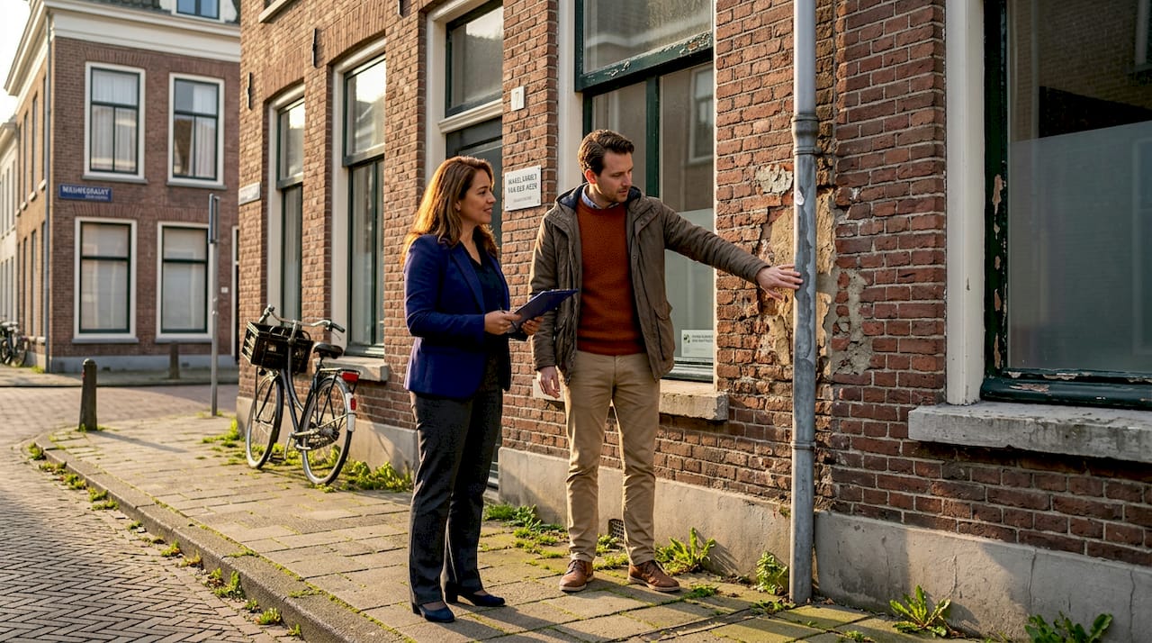 Samen bekijken de koper en makelaar de buitenkant van het huis zorgvuldig.
