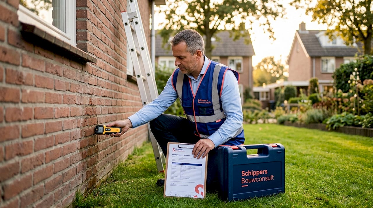 Een bouwkundig inspecteur bekijkt nauwkeurig de schade aan de buitenmuur van een woning.