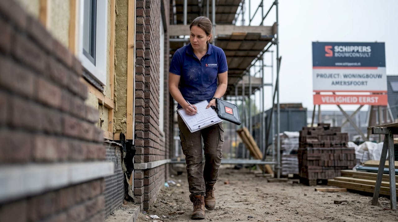 Een bouwkundig expert inspecteert de buitenzijde van een nieuwbouwwoning.