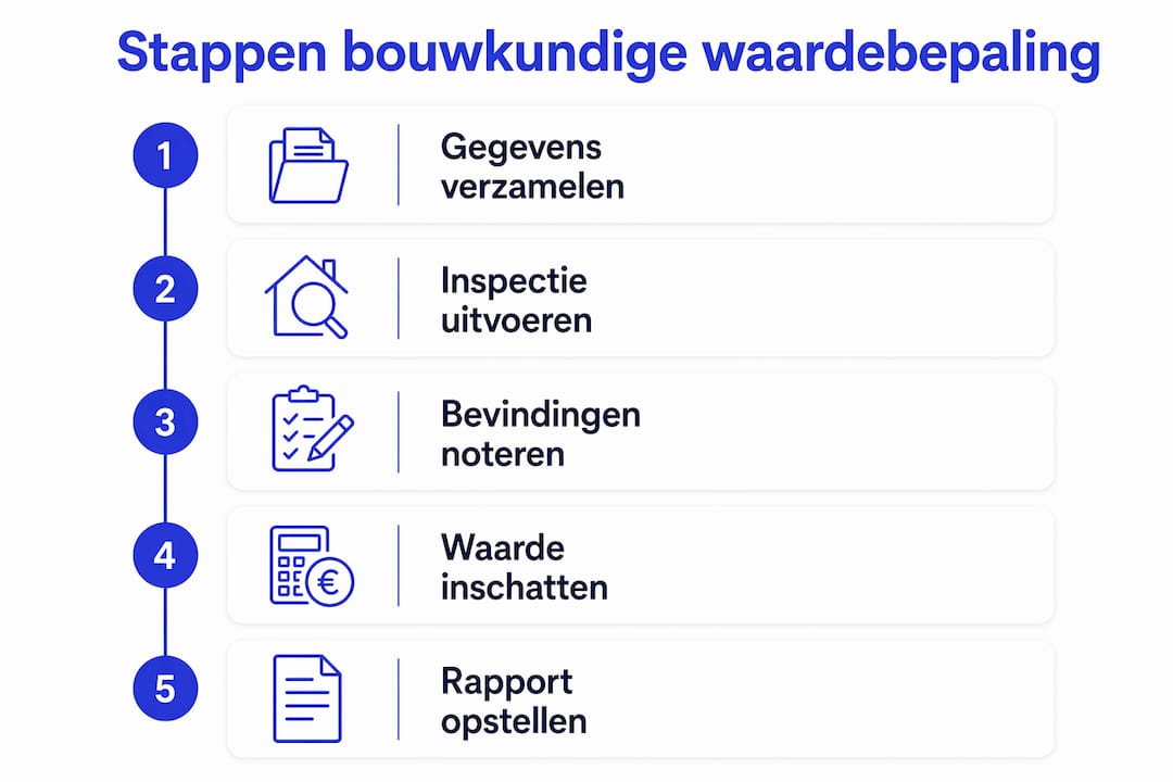 Overzichtelijke infographic: zo verloopt een bouwkundige waardebepaling stap voor stap