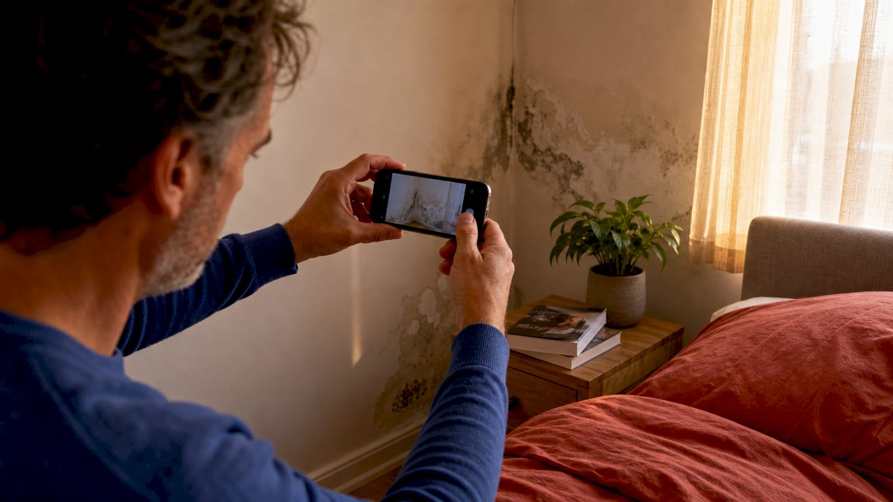 Maak duidelijke foto’s van de vochtplekken op de muur, bij voorkeur met je hand erbij voor de schaal.