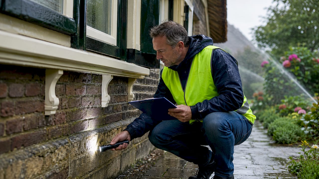 Een bouwinspecteur controleert buiten de fundering van een woning.