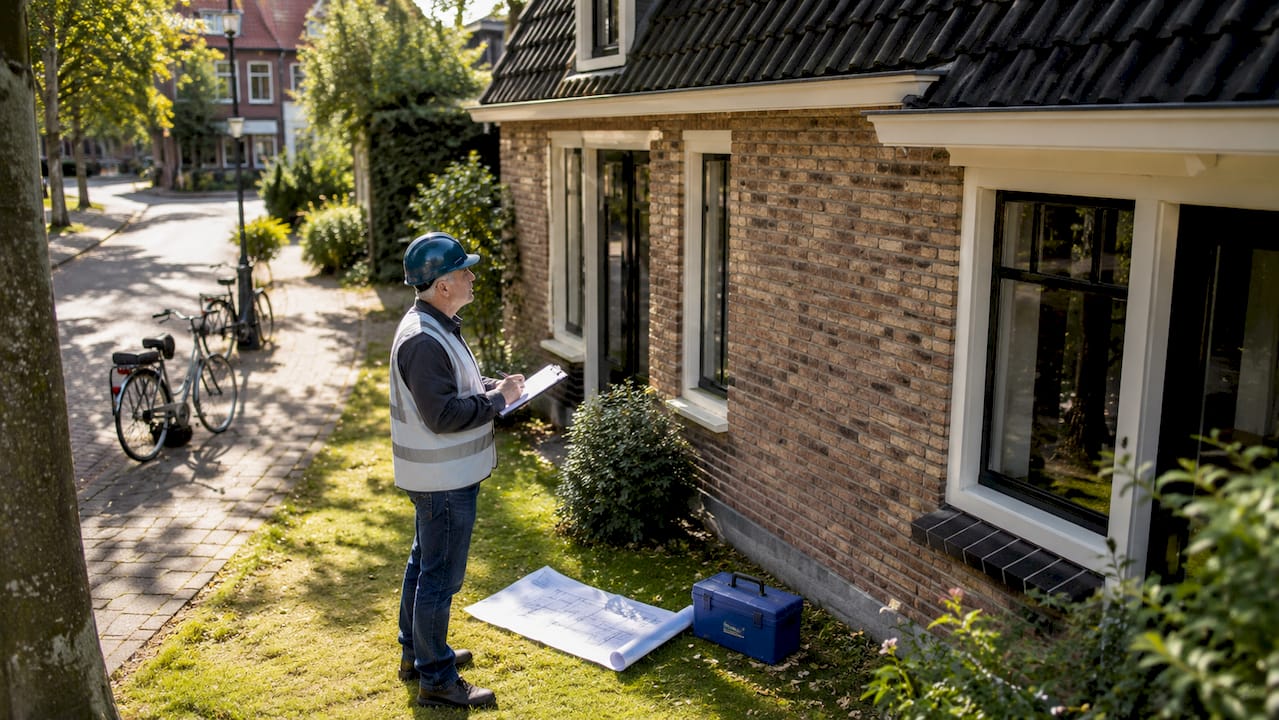 Een bouwkundig inspecteur bekijkt scheuren in de fundering van een woning.