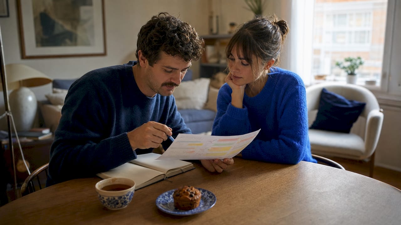 Een jong stel zit samen aan de keukentafel en maakt plannen voor het onderhoud van hun huis.