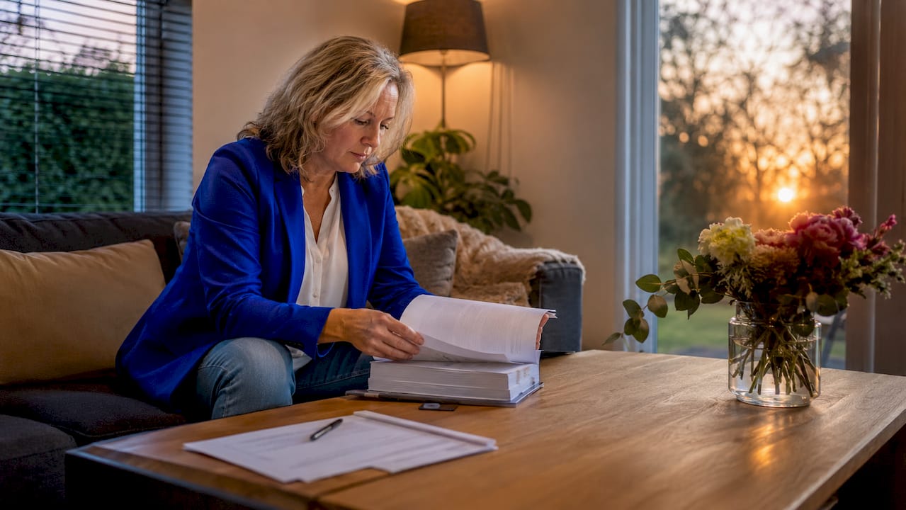 Een vrouw zit aan haar bureau aandachtig het bouwkundig rapport door te nemen.