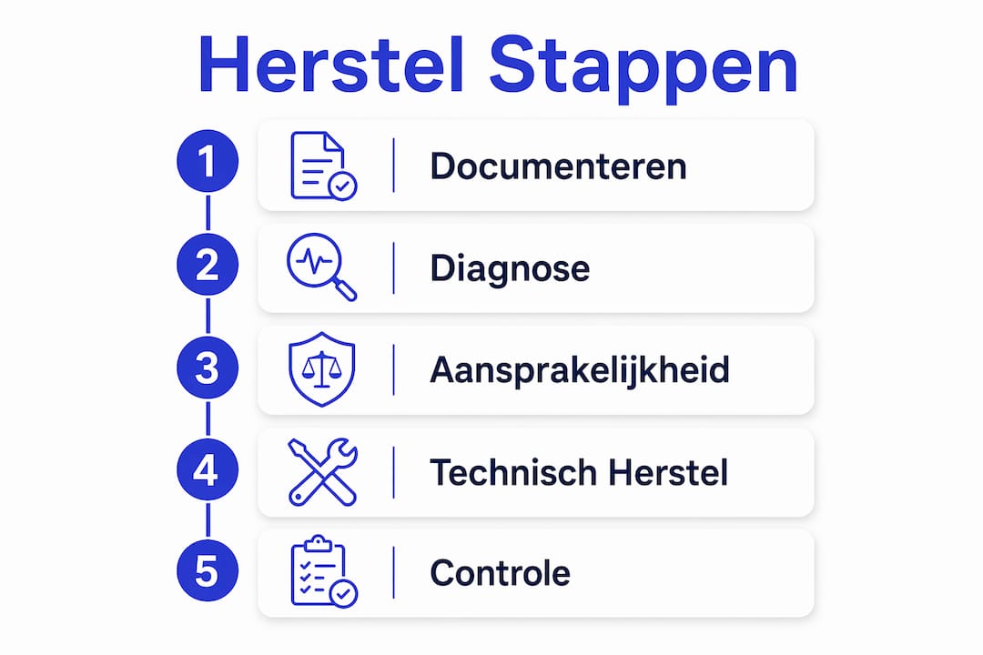 Overzichtelijke infographic met een praktisch stappenplan voor het aanpakken van bouwkundige gebreken.