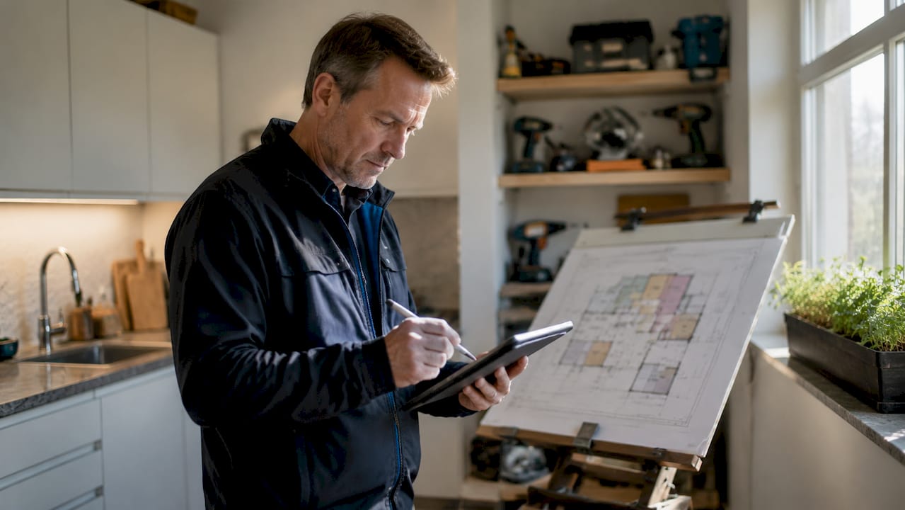De inspecteur noteert zijn bevindingen direct op de bouwtekening via zijn tablet.